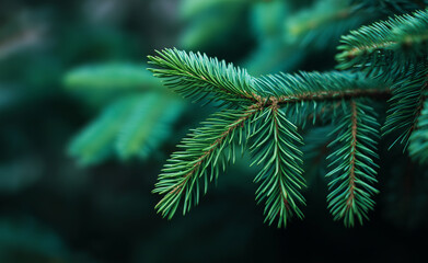 Close-up of green pine tree branches with detailed needles and a dark forest background. 
