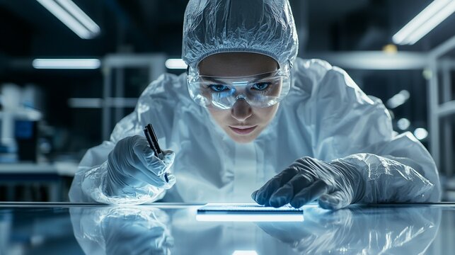 Focused scientist examines a microchip