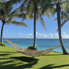 A hammock tied between palm trees near the beach