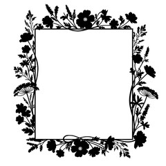 Obraz premium Elegant floral frame with black silhouette wildflowers and foliage perfect for wedding invitations or greeting cards