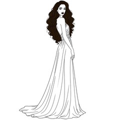 Elegant Woman in Flowing Gown Long Brown Hair Fashion Illustration