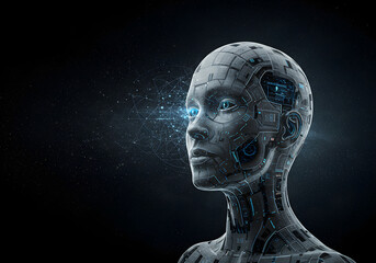 Obraz premium Futuristic Robot Head with Glowing Eyes and Digital Connections - AI, Cyberpunk Aesthetic, Science Fiction Concept.