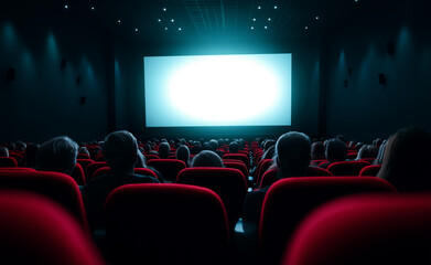 Fototapeta premium Crowded movie theater with audience watching a bright screen in a dark cinema hall. 