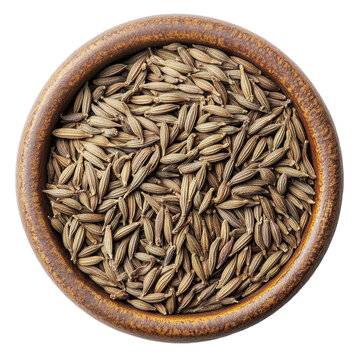 Cumin seeds in a brown plate on a Transparent background, showcasing their rich texture and natural color, cumin seeds in plateisolated on PNG background