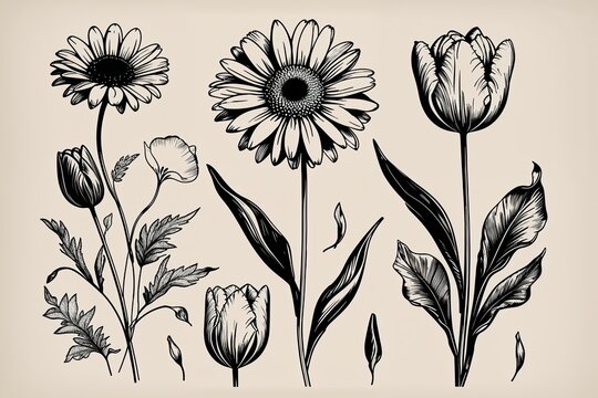 Elegant Monochrome Floral Art featuring Daisy Tulip Petal and Leaf on Cream Canvas
