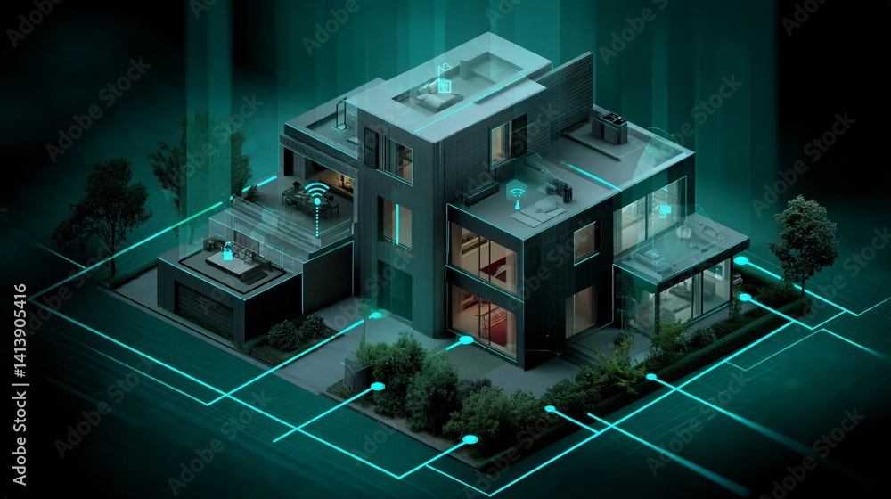 Poster against a backdrop of sleek, futuristic architecture, a remote control device commands the various c