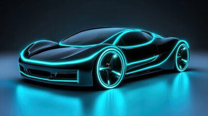 Futuristic electric car studio shot, neon glow, dark background, automotive advertising