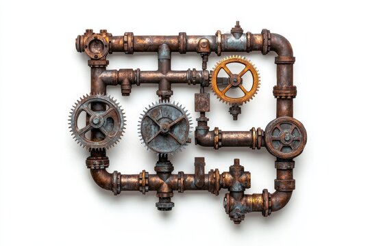 Ornate rusted metal pipe and gear mechanism