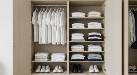 Organized Closet with Clothing and Shoes Displayed on Shelves