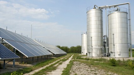 Obraz premium Renewable Energy Storage concept, Solar panels and storage tanks beside a gravel path in a renewable energy field.