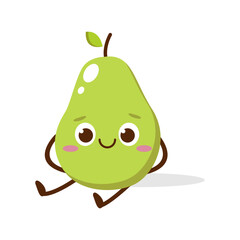 Cute green avocado cartoon character with smiling face, showing a Friendly pose. Perfect for kids illustrations, healthy food designs, or educational materials. Isolated on white background with soft