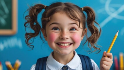 Illustrations of smiling school girl in classroom background.