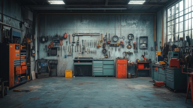 A vacant car repair workshop with tools hanging from the walls and an empty garage floor