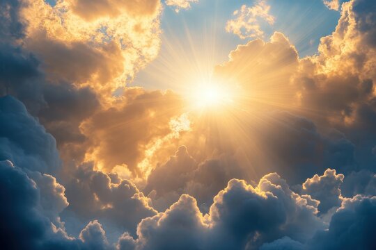 A bright sun shining through fluffy clouds creating a beautiful and ethereal atmosphere in the sky above