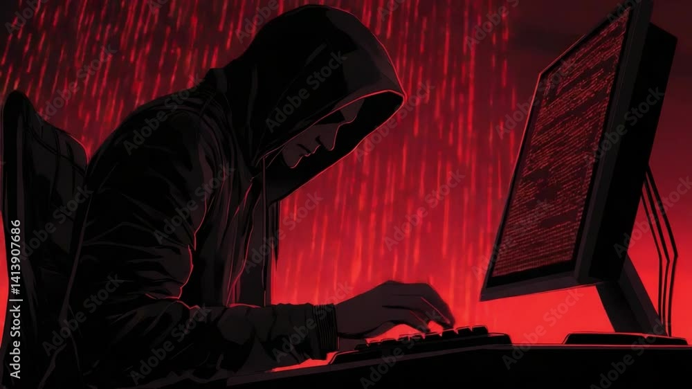 Poster mysterious hacker in dark environment with red coding rain and computer display