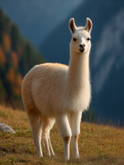Fototapeta premium White alpaca standing on mountain meadow with scenic background 절경의 산을 배경으로 초원에 서 있는 흰색 알파카