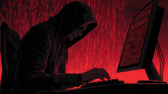 Mysterious Hacker in Dark Environment with Red Coding Rain and Computer Display
