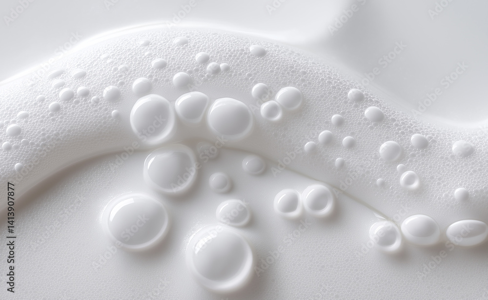 Poster white liquid surface with foam and bubbles in a close-up macro texture.