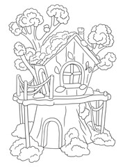 Black and white tree house coloring page design. Fun and creative line art for kids, perfect for coloring books, worksheets, and printable art activities.