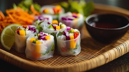 Fresh, colorful summer rolls with veggies, herbs, and dipping sauce