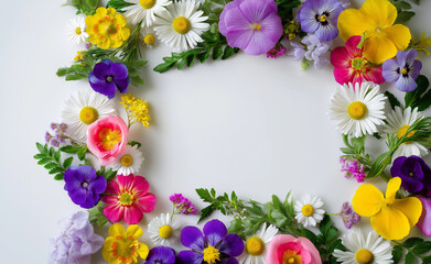 A vibrant floral frame made with colorful flowers including daisies, pink, yellow, and purple blossoms.
