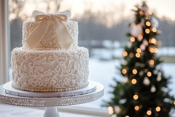 Elegant two-tiered wedding cake with winter scenery