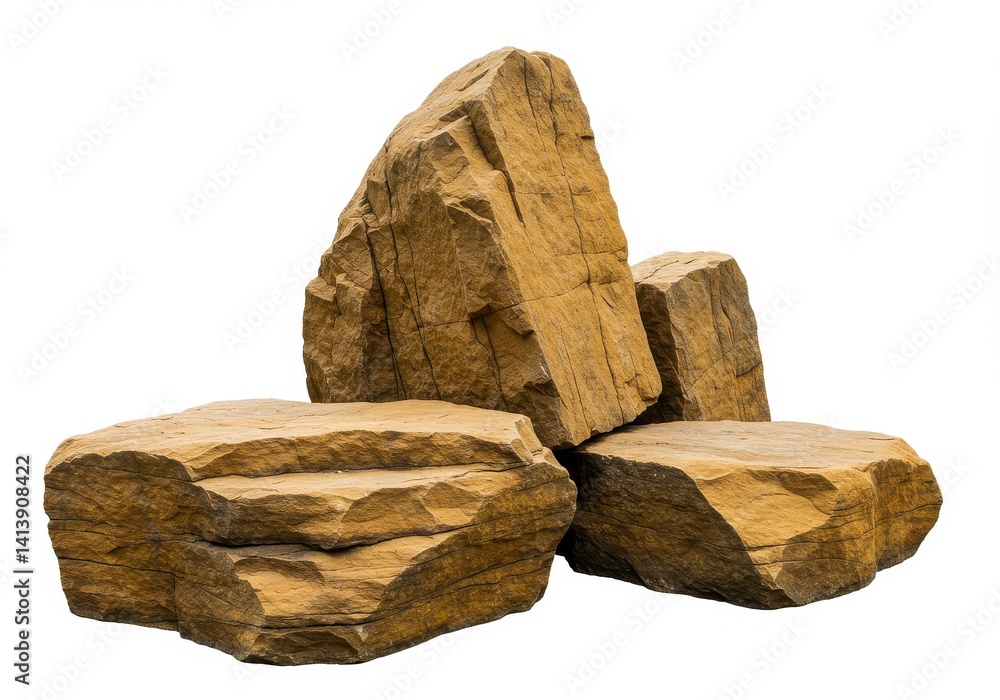 Poster a stack of four large brown rocks isolated against a plain white studio background creating a platfo