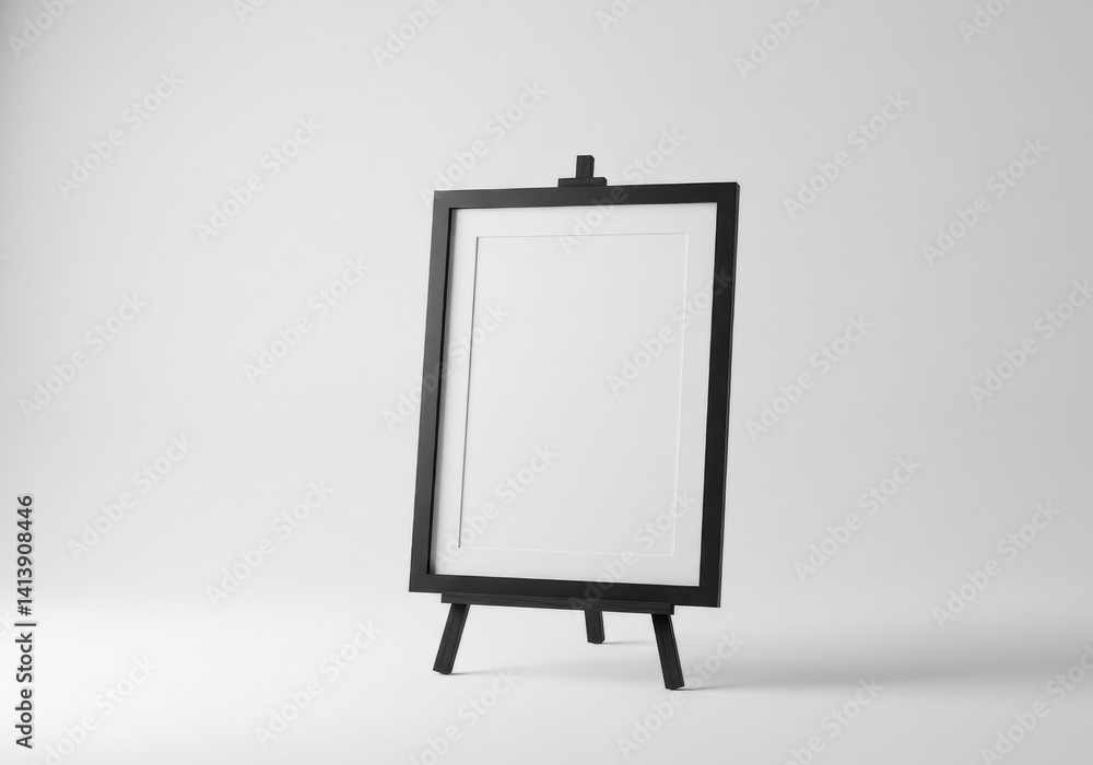 Poster a minimalistic black easel with a blank white frame on a white background in a studio setting