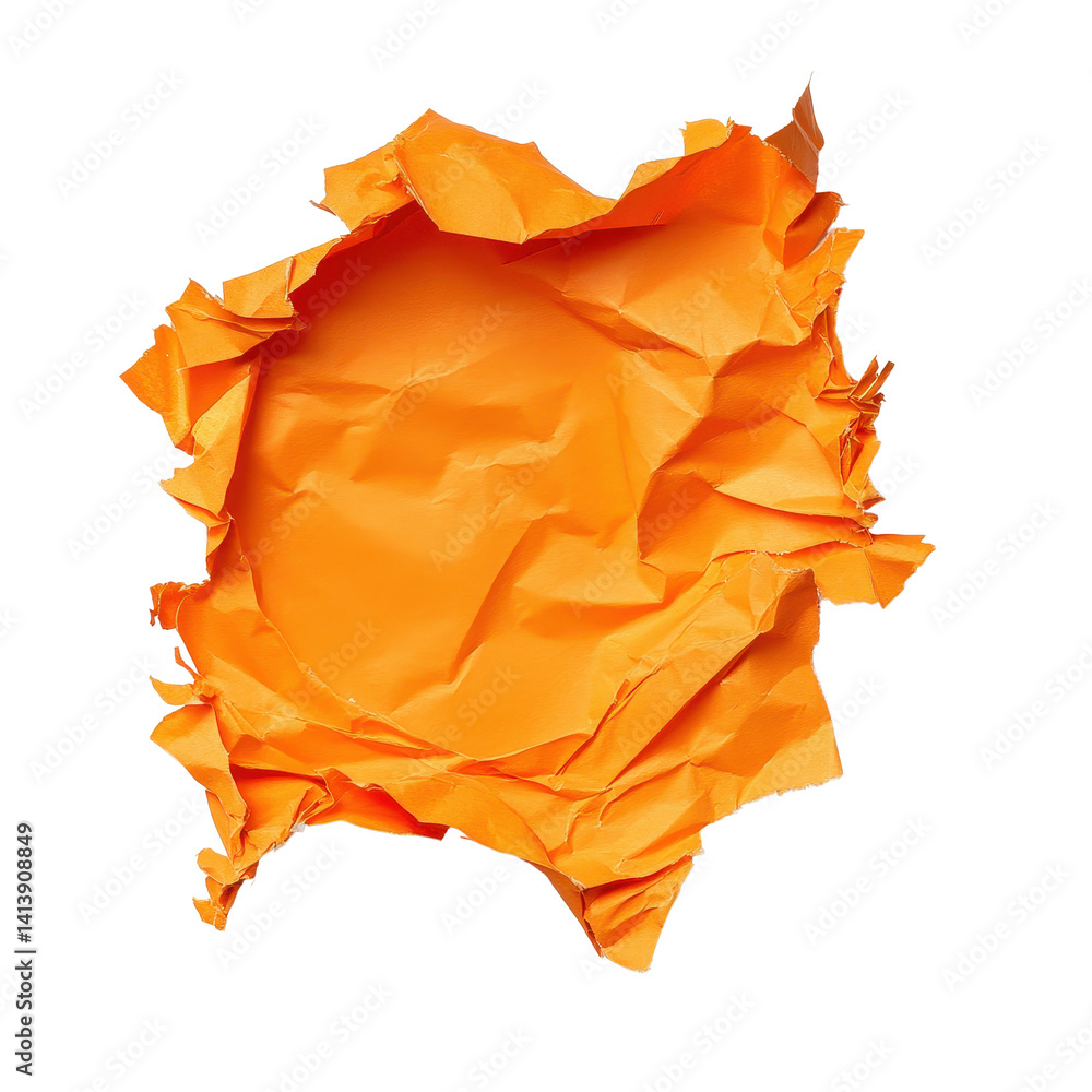 Aufkleber crumpled orange paper with torn edges isolated on a transparent background creating an abstract desi