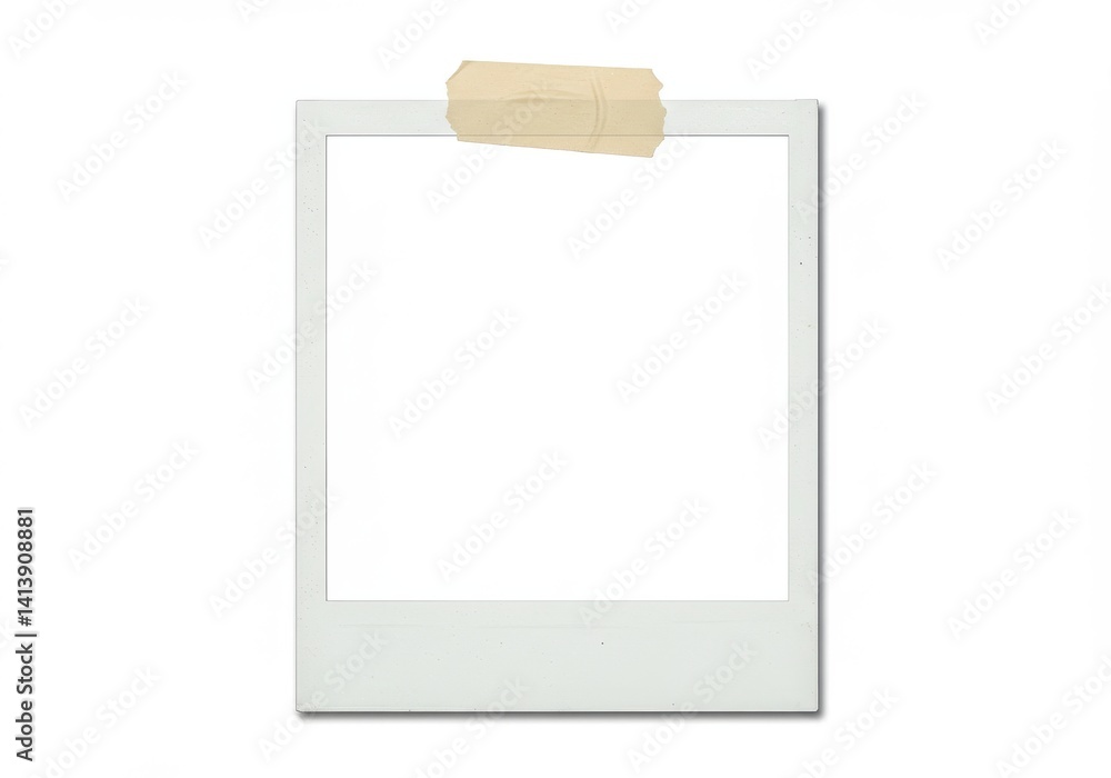 Poster isolated polaroid frame attached with tape on a white background in studio shot for mockups and layo