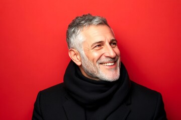 Visual idea layout of style for aging men. A classy midlife man with a timeless look. Modish men's short caesar haircut - midlife white man with grey hair. Red solid background.