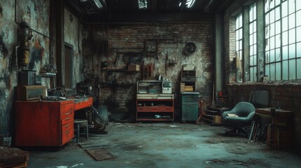 An abandoned car mechanic workshop, with dusty surfaces and unused mechanical tools 
