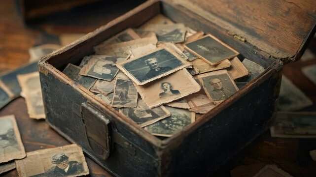 Vintage Wooden Box Filled with Antique Black and White Photographs on a Rustic Table Surface