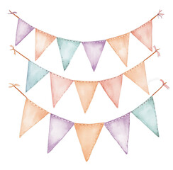 Multi-tiered bunting with pastel triangle banners, for parties or celebrations,  showing soft colors and a layered design.