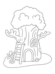 Black and white tree house coloring page design. Fun and creative line art for kids, perfect for coloring books, worksheets, and printable art activities.