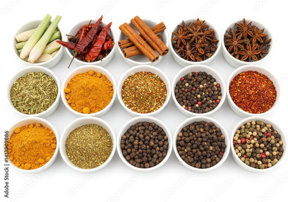 Poster assortment of spices and herbs displayed in white bowls on a white background arranged in rows