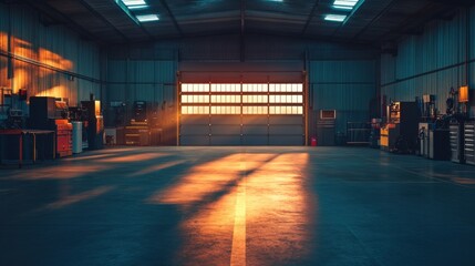 An empty car mechanical workshop at night, with the dim light casting long shadows on the floor
