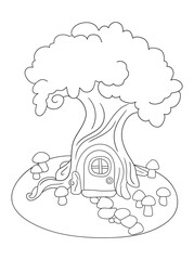 Black and white tree house coloring page design. Fun and creative line art for kids, perfect for coloring books, worksheets, and printable art activities.