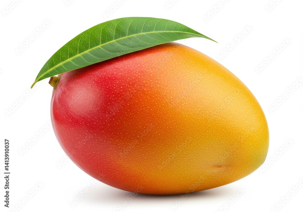 Poster a single ripe mango with a vibrant color gradient and a green leaf resting on top on a white backgro