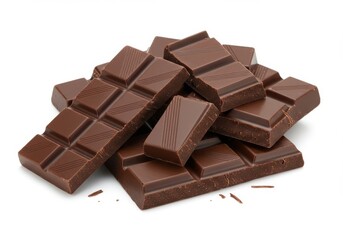 A pile of dark chocolate bars and pieces stacked on a white surface in a close up studio shot