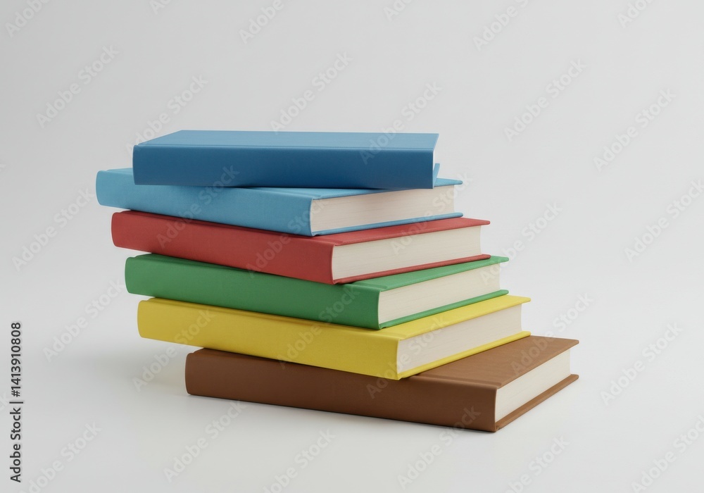 Poster stack of colorful books arranged on top of each other against a plain light background scene