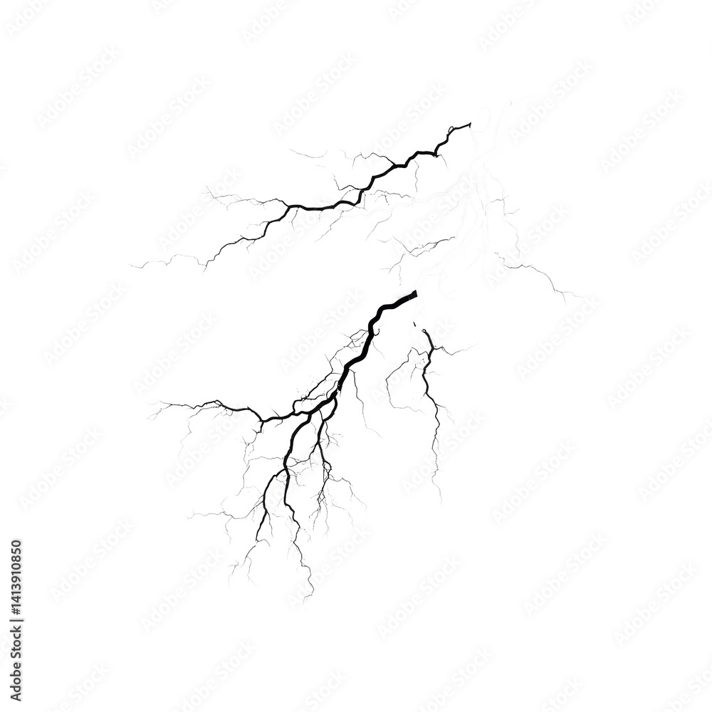 Poster bright lightning bolt captured with intricate branching details against a transparent background, li