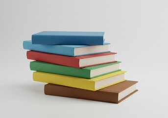 Stack of colorful books arranged on top of each other against a plain light background scene