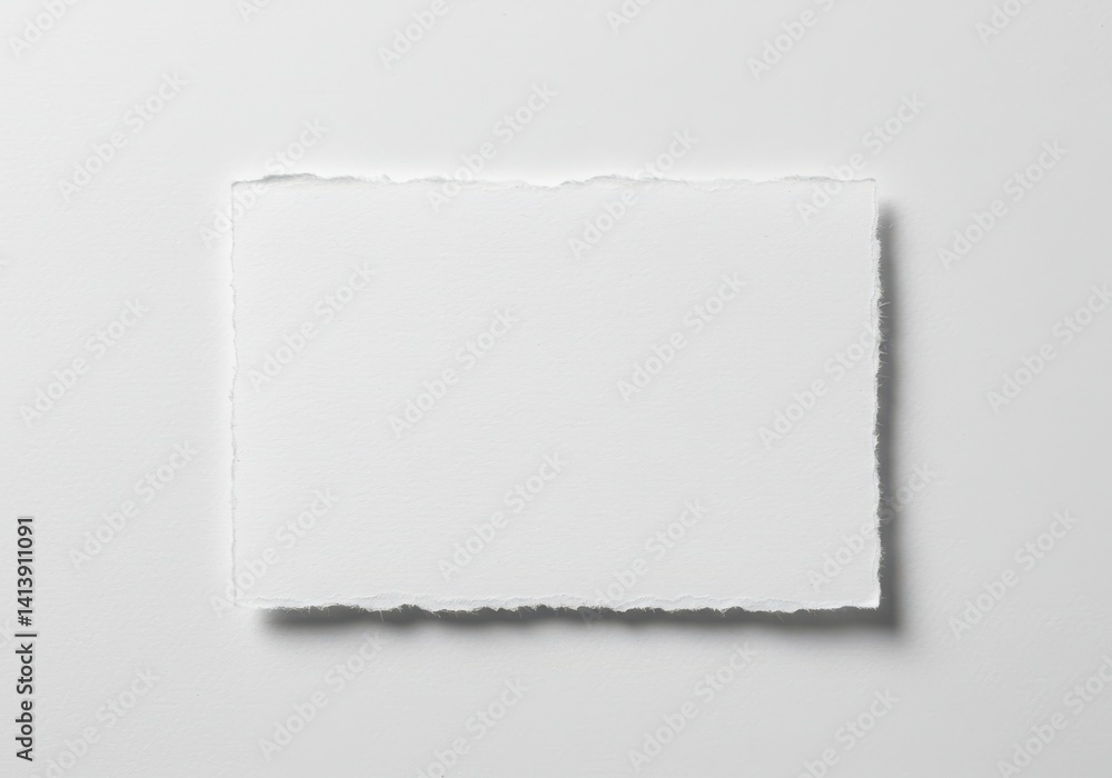 Poster a torn piece of white paper with a rough edge on a white surface casting a soft shadow beneath it