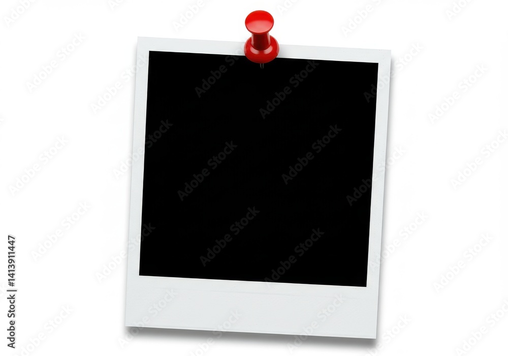 Poster a polaroid frame with a black center attached to a white background with a red push pin on top edge
