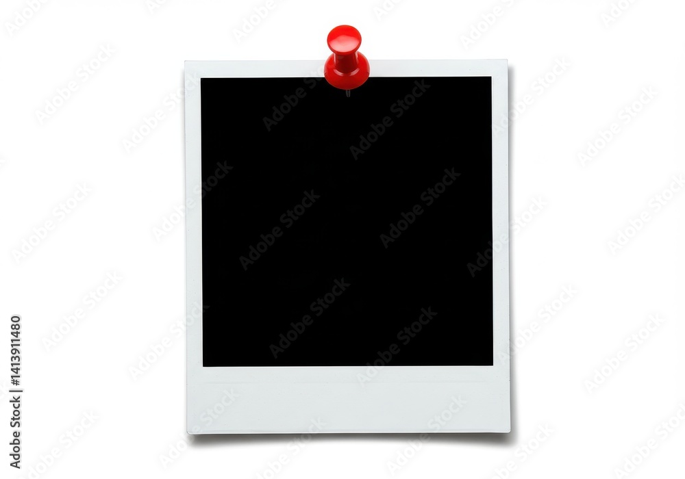 Poster a polaroid picture with a black center attached to a wall with a red push pin on a white background