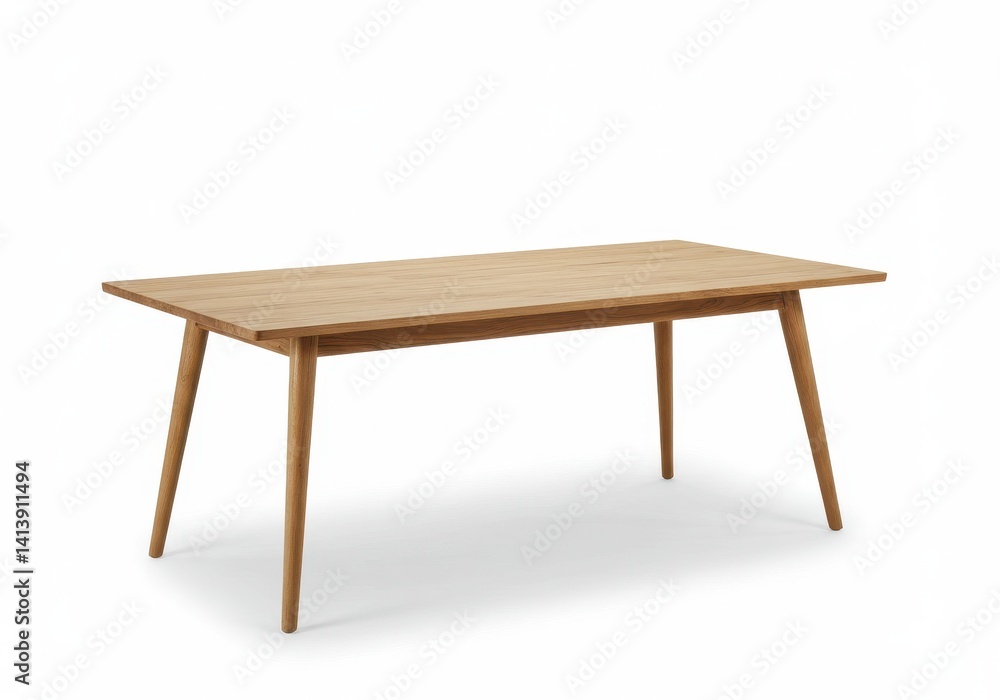 Poster a light wood rectangular dining table with tapered legs against a white background in a studio setti