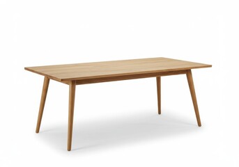 A light wood rectangular dining table with tapered legs against a white background in a studio setting