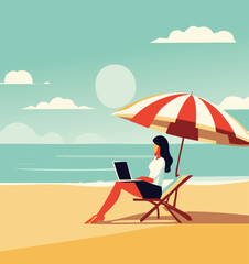 Woman Working on Laptop Under Umbrella by the Beach with Refreshing Drink

