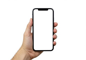 A hand holding a black smartphone with a blank white screen against a white background in a studio